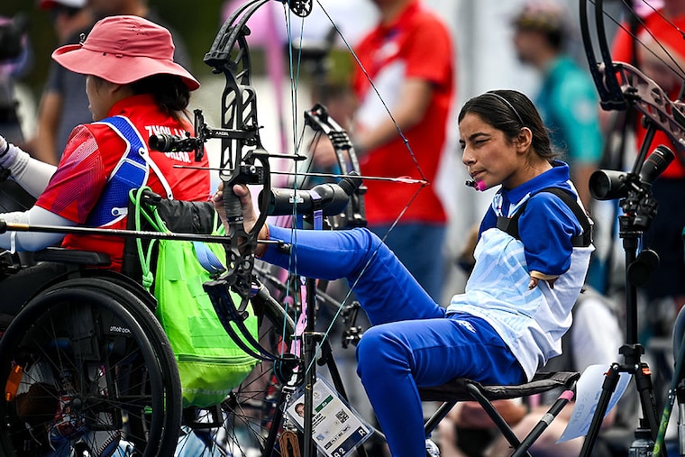 India"s archer Sheetal Devi during the Women"s Individual Compound Open on day one of the Paris 2024 Paralympic Games at Esplanade des Invalides in Paris, France, on August 29, 2024. Sheetal Devi shot an incredible 703 out of a possible 720 to briefly set the world record. Turkey"s Oznur Cure went one better in the final End of six arrows to score 704. Sheetal Devi moves to the Round of 16.