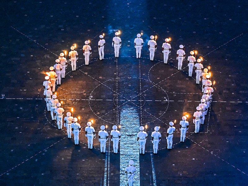 Indian Navy sailors take part in the rehearsal for upcoming Navy Day celebrations at the Gateway of India in Mumbai on December 1, 2024.