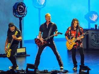 (L-R) Robert Trujillo, James Hetfield and of Metallica perform onstage during Metallica"s All Within My Hands Foundation Presented by the Helping Hands Concert And Auction 2024 at YouTube Theater on December 13, 2024 in Inglewood, California.