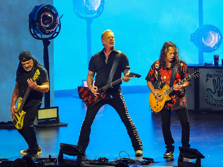 (L-R) Robert Trujillo, James Hetfield and of Metallica perform onstage during Metallica"s All Within My Hands Foundation Presented by the Helping Hands Concert And Auction 2024 at YouTube Theater on December 13, 2024 in Inglewood, California.