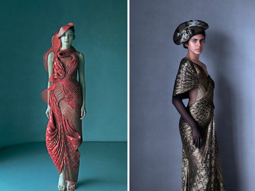 The Banarsi Edit collection showcases sarees redefined with structured silhouettes and elevated with Amit Aggarwal"s signature cording technique. Image credit: Ankit Chawla