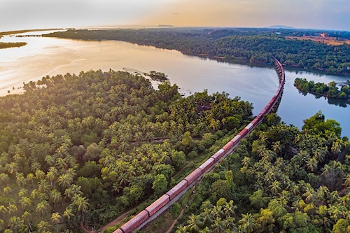 A goods train runs across the Sharavati river.
Image: Shutterstock A goods train runs across the Sharavati river.
Image: Shutterstock