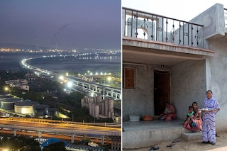 (from left) A view of the Mumbai Trans Harbour Link in Mumbai, India A new house at Vari village, Maharashtra. Images: Shutterstock and Satish Bate/HT via Getty Images