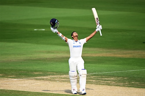 India"s Yashasvi Jaiswal celebrates after scoring a century during the first day of the second Test cricket match between India and England at the YS Rajasekhara Reddy cricket stadium in Visakhapatnam on February 2, 2024.