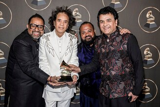Shankar Mahadevan, Zakir Hussain, V. Selvaganesh, and Ganesh Rajagopalan of world fusion band Shakti, winners of the "Global Music Album" award for "This Moment", pose in the press room at the 66th Grammy Awards at Peacock Theater on February 04, 2024 in Los Angeles, California. "This Moment", Shakti"s critically acclaimed third studio album, is their first release in 46 years following "Natural Elements".