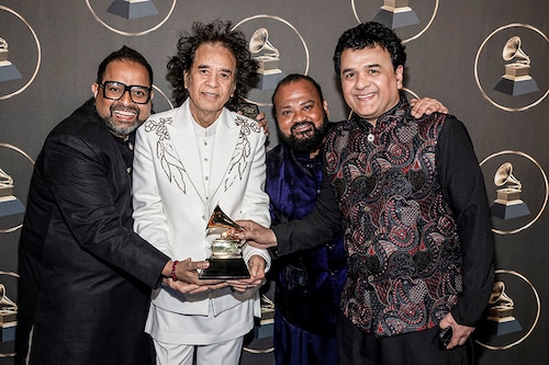 Shankar Mahadevan, Zakir Hussain, V. Selvaganesh, and Ganesh Rajagopalan of world fusion band Shakti, winners of the "Global Music Album" award for "This Moment", pose in the press room at the 66th Grammy Awards at Peacock Theater on February 04, 2024 in Los Angeles, California. "This Moment", Shakti"s critically acclaimed third studio album, is their first release in 46 years following "Natural Elements".