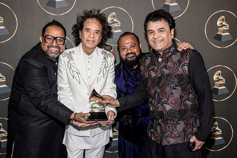 Shankar Mahadevan, Zakir Hussain, V. Selvaganesh, and Ganesh Rajagopalan of world fusion band Shakti, winners of the "Global Music Album" award for "This Moment", pose in the press room at the 66th Grammy Awards at Peacock Theater on February 04, 2024 in Los Angeles, California. "This Moment", Shakti"s critically acclaimed third studio album, is their first release in 46 years following "Natural Elements".