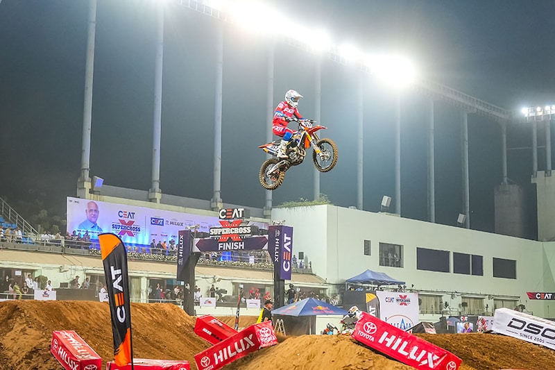 The BigRock Motorsports team dominates the track, showcasing exceptional skill and determination as they rule the second leg of the Indian Supercross Racing League (ISRL) in Ahmedabad, India, on February 11, 2024. The second race of Season One, taking place in Ahmedabad, is showcasing an impressive lineup of international champions and up-and-coming Indian stars in four categories: 450cc international riders, 250cc international riders, 250cc India-Asia mix, and the fiercely competitive 85cc junior class.