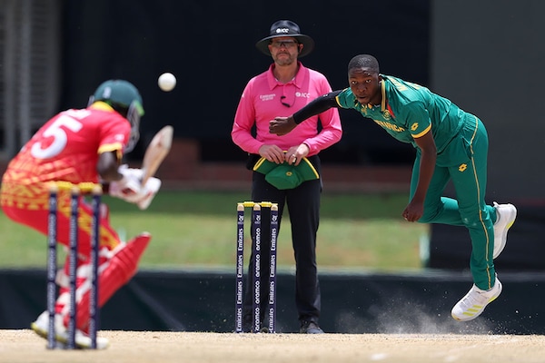 Kwena Maphaka of South Africa bowls at Ryan Simbi of Zimbabwe during the ICC U19 Men"s Cricket World Cup South Africa 2024 Super Six match between Zimbabwe and South Africa at JB Marks Oval on January 31, 2024 in Potchefstroom, South Africa.
Image: Michael Steele-ICC/ICC via Getty Images