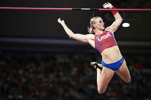 (File) USA"s Katie Moon competes in the women"s pole vault final during the World Athletics Championships at the National Athletics Centre in Budapest on August 23, 2023. Image: Ben Stansall / AFP