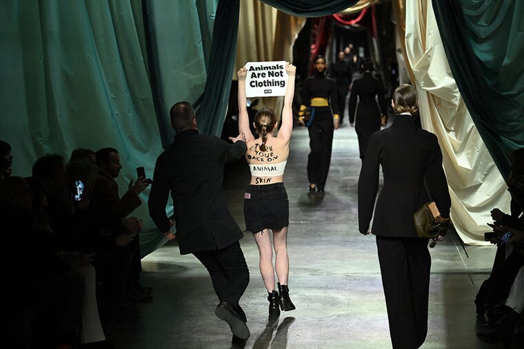 A security guard runs to stop a woman holding a poster reading "animals are not clothing" during the Fendi collection show at the Milan Fashion Week Womenswear Autumn/Winter 2024-2025 on February 21, 2024, in Milan.