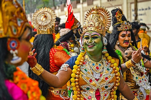Artists take part in a rally to mark "Veedhi Virudhu Vizha" festival, showcasing traditional Indian art forms, in Chennai on January 4, 2024.