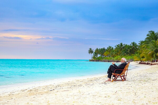 India"s Prime Minister Narendra Modi at a beach in Lakshadweep. Image: @NARENDRAMODI/X