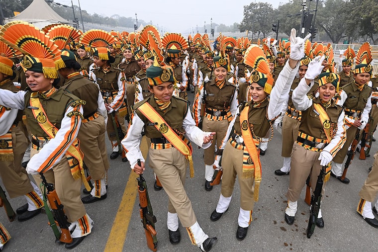 The women contingent of ITBP during rehearsals for the upcoming Republic Day parade amid fog on a cold winter morning at Kartavya Path on January 11, 2024, in New Delhi, India.