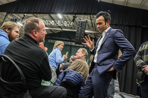 Republican presidential candidate businessman Vivek Ramaswamy greets voters during a visit to a caucus site at the Horizon Event Center on January 15, 2024 in Des Moines, Iowa. Iowans vote today in the state’s caucuses for the first contest in the 2024 Republican presidential nominating process. Image:  Kevin Dietsch/Getty Images Republican presidential candidate businessman Vivek Ramaswamy greets voters during a visit to a caucus site at the Horizon Event Center on January 15, 2024 in Des Moines, Iowa. Iowans vote today in the state’s caucuses for the first contest in the 2024 Republican presidential nominating process. Image:  Kevin Dietsch/Getty Images