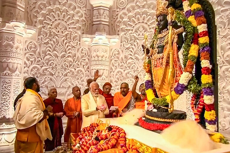 This screen grab shows India"s Prime Minister, Narendra Modi, taking part in the ceremony to officially consecrate the Ram temple in Ayodhya in India"s Uttar Pradesh.