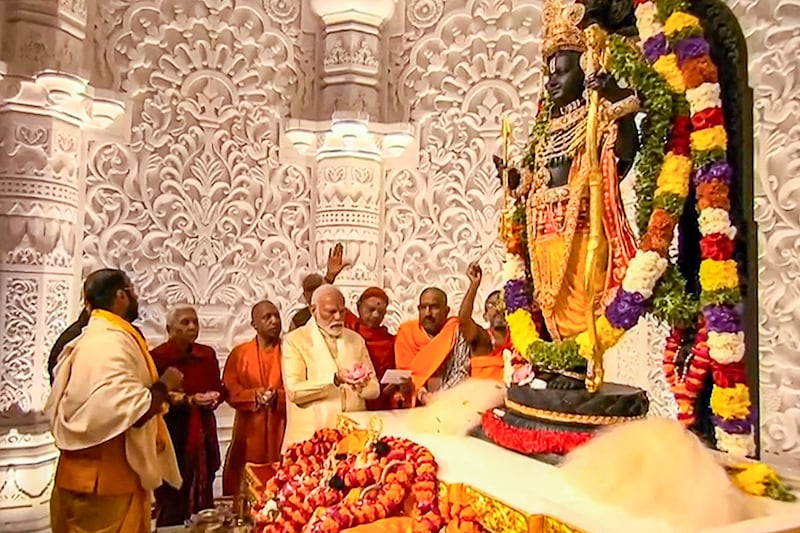 This screen grab shows India"s Prime Minister, Narendra Modi, taking part in the ceremony to officially consecrate the Ram temple in Ayodhya in India"s Uttar Pradesh.
