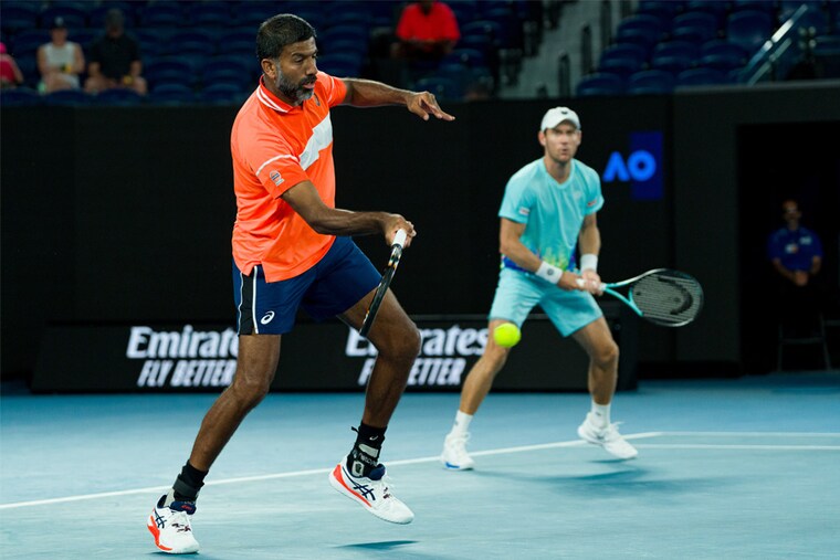 Rohan Bopanna of India and Matthew Ebden of Australia in action during the men"s doubles semifinal match at the 2024 Australian Open at Melbourne Park on January 25, 2024, in Melbourne, Australia. 43-year-old Bopanna created history, becoming the oldest player to achieve World No.1 ranking in men"s doubles and reaching the Aus Open men"s doubles final after the 17th attempt.