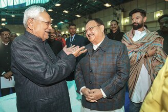 Bihar Chief Minister Nitish Kumar with BJP national president JP Nadda during the oath-taking ceremony at Raj Bhawan on January 28, 2024, in Patna, India. Nitish Kumar on Sunday took the oath as the chief minister of Bihar for a record ninth time after resigning on the same day, breaking ties with Lalu Prasad Yadav"s Rashtriya Janata Dal (RJD), and returning to the BJP-led NDA.
