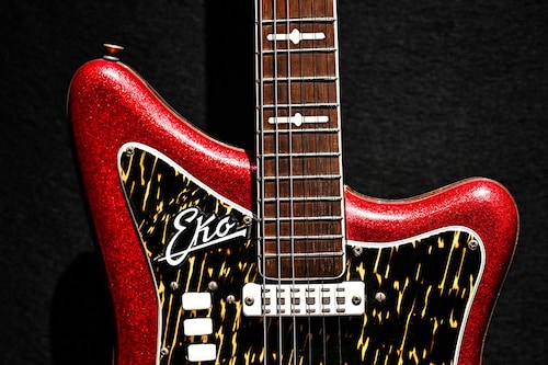 An Eko Music Group Ranatai Italy Circa 1968 guitar is displayed during the pre-sale exhibition of guitars from the personal collection of British singer and guitarist Mark Knopfler at Christie’s auction house in London, on January 26, 2024.
Image: Ben Stansall / AFPÂ©