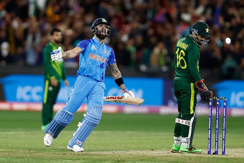 Virat Kohli of India celebrates after the final run is scored during the ICC Men"s T20 World Cup match between India and Pakistan at Melbourne Cricket Ground on October 23, 2022 in Melbourne, Australia. Image: Darrian Traynor - ICC/ICC via Getty Images
