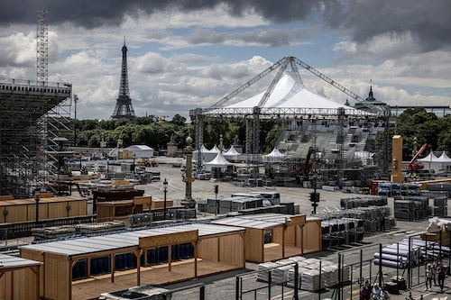 This photograph taken in Paris on June 22, 2024 shows the Place de la Concorde with ongoing works for the Olympic Games, with the eiffel tower in the background.
Image: Olympia De Maismont / AFP© This photograph taken in Paris on June 22, 2024 shows the Place de la Concorde with ongoing works for the Olympic Games, with the eiffel tower in the background.
Image: Olympia De Maismont / AFP©