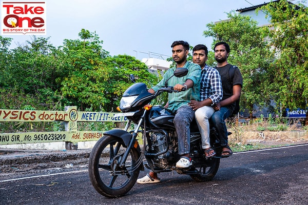 Bihar residents Lakshya Raj, Newton Kumar, and Mayank Shekhar (L-R) came to Kota with the dream of becoming doctors, but now stare at an uncertain future despite giving it their all in this year"s NEET examination. Image: Madhu Kapparath