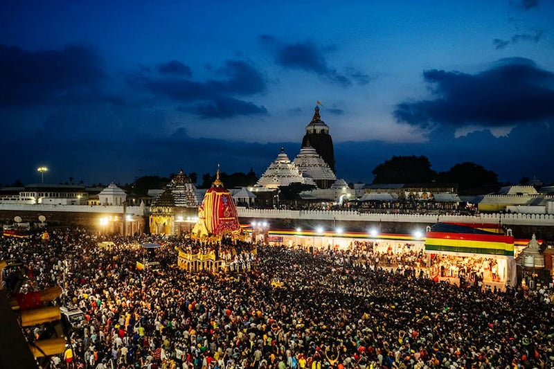 Devotees are seen around deities" chariots on the occasion of Lord Jagannath"s annual chariot festival, "Rathyatra," at Puri, 65 km away from Odisha"s capital city, Bhubaneswar, on July 7, 2024.