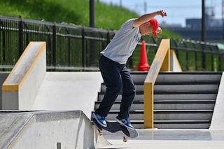 Japan skateboarding national team coach Daisuke Hayakawa performing during an interview with AFP at a skateboard training area in Tokyo
Image: Kazuhiro Nogi / AFPÂ©