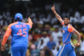 Arshdeep Singh of India celebrates after dismissing Aiden Markram of South Africa during the ICC Men"s T20 Cricket World Cup West Indies & USA 2024 Final match between South Africa and India at Kensington Oval on June 29, 2024 in Bridgetown, Barbados.
Image: Gareth Copley/Getty Images