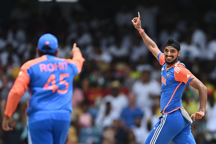 Arshdeep Singh of India celebrates after dismissing Aiden Markram of South Africa during the ICC Men"s T20 Cricket World Cup West Indies & USA 2024 Final match between South Africa and India at Kensington Oval on June 29, 2024 in Bridgetown, Barbados.
Image: Gareth Copley/Getty Images