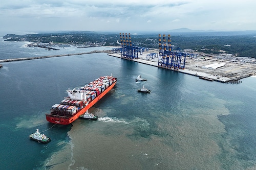 San Fernando, the 300-meter-long container vessel operated by Maersk arrives at Vizhinjam International Seaport on July 11