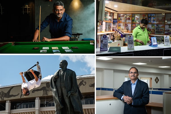 Clockwise: Muralikrishnan B, president Xiaomi India QR codes of digital payment, Prashant Jain, Founder, 3P Investment Managers Pvt Ltd a rider performs a scooter flip in Russia