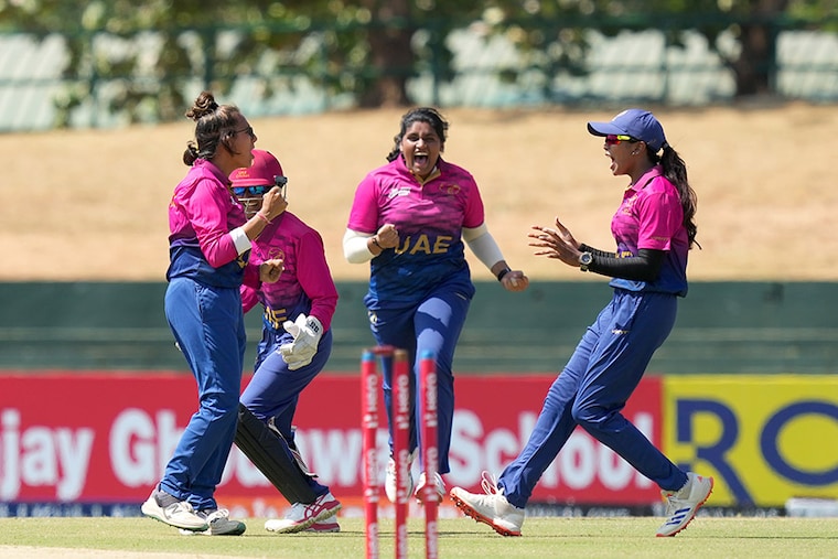 Heena Hotchandani (L) of UAE celebrates the wicket of the Dayalan Hemalatha (not in picture) of India with teammates during the 2024 Women"s T20 Asia Cup match between India and the UAE at Rangiri Dambulla International Cricket Stadium on July 21, 2024 in Dambulla, Sri Lanka.