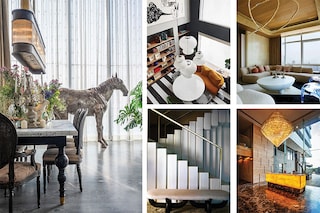 Clockwise from left: The metal horse serves as an eccentric statement piece in the interiors designed by The Orange Lane (Image: Kuber) A cluster of Formakami rice paper lamps serves as the centerpiece of the lounge on the first floor of the New Friends Colony apartment designed by Vaishali Kamdar Associates (Image: Suleiman Merchant) The Altamount Road residence designed by Atelier Ashiesh Shah combines muted tones with handcrafted treasures, creating an ambiance reminiscent of an art gallery (Image: Bjorn Wallander) The lobby at the high-rise, The First by DSR, designed by NA Architects The sculptural marble staircase with brass railings at the residence in Udaipur designed by Atelier Ashiesh Shah (Image: Ashish Sahi)