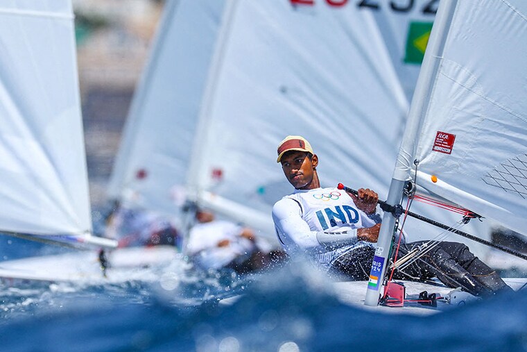 Vishnu Saravanan of India in action during men"s Sailing Training Marseille Marina, Marseille, France on July 24, 2024.