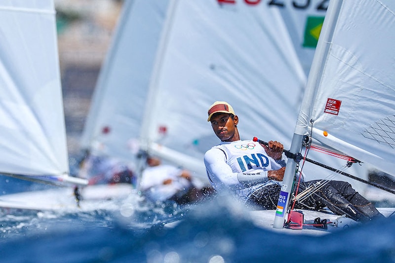 Vishnu Saravanan of India in action during men"s Sailing Training Marseille Marina, Marseille, France on July 24, 2024.