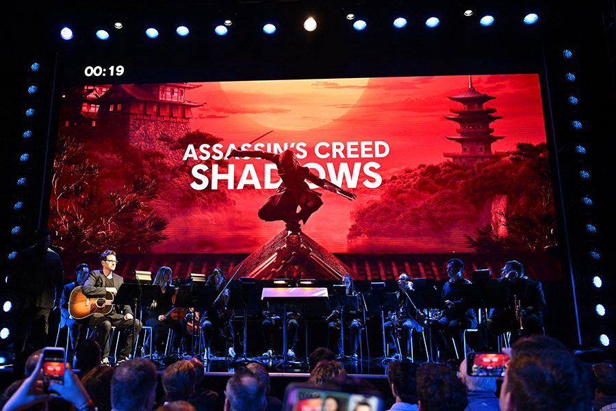 "Assassin"s Creed SHADOWS" is seen on screen at the Ubisoft Forward 2024 showcase presentation at the Belasco Theater in Los Angeles, California, on June 10, 2024. Image: Photography Robyn Beck / AFP