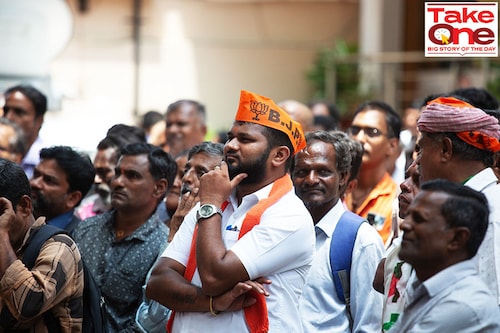 Supporters of the Bharatiya Janata Party (BJP) react as they watch a giant screen telecasting election results live on June 04, 2024 in Bengaluru, India.  
Image: Abhishek Chinnappa/Getty Images