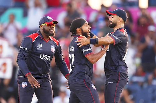 Harmeet Singh of USA celebrates with teammates after dismissing Aaron Johnson of Canada during the ICC Men"s T20 Cricket World Cup West Indies & USA 2024 match between USA and Canada at Grand Prairie Cricket Stadium on June 01, 2024 in Dallas, Texas. Images: Robert Cianflone/Getty Images