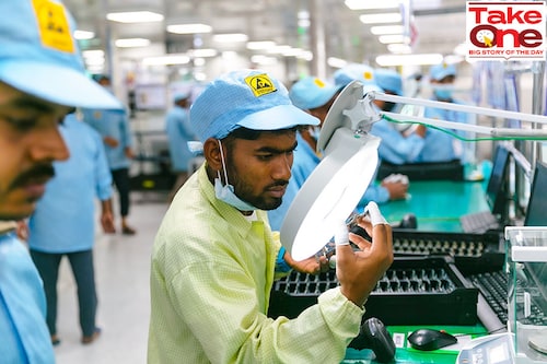 Workers on the assembly line at electronics manufacturing services company Dixon Technologies’ Noida facility Image: Madhu Kapparath Workers on the assembly line at electronics manufacturing services company Dixon Technologies’ Noida facility Image: Madhu Kapparath