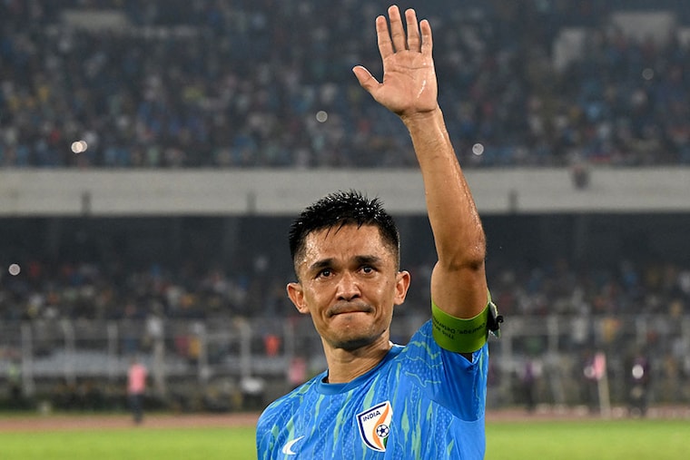 India"s captain, Sunil Chhetri, waves to his fans at the end of the FIFA World Cup 2026 Asia qualifier match between India and Kuwait at the Salt Lake Stadium in Kolkata on June 6, 2024. Thousands cheered Indian football legend Sunil Chhetri off the pitch after his last international on June 6, ending a career that put him among the world"s all-time leading scorers with a nil-all draw against Kuwait.