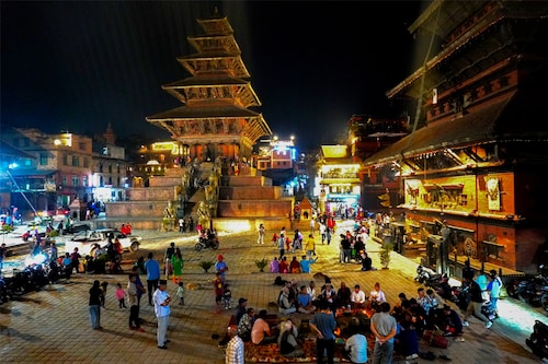 Taumudhi Square with the Nyatapola temple comes alive at night. Image: Kalpana Sunder Taumudhi Square with the Nyatapola temple comes alive at night. Image: Kalpana Sunder