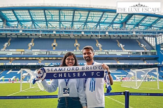 (Left) Chelsea fans Prathamesh Mulye and Shruti Venkatesh on a guided stadium tour at Stamford Bridge