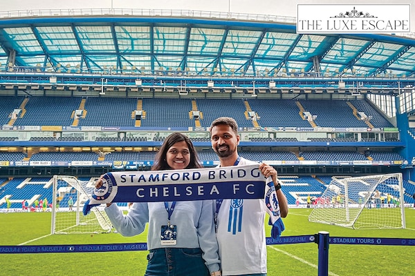 (Left) Chelsea fans Prathamesh Mulye and Shruti Venkatesh on a guided stadium tour at Stamford Bridge