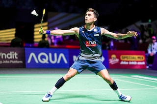 Lakshya Sen of India competes in the Men"s Singles Second Round match against Kenta Nishimoto of Japan during day three of the Indonesia Open at Istora Senayan on June 06, 2024, in Jakarta, Indonesia. Image: Shi Tang/Getty Images