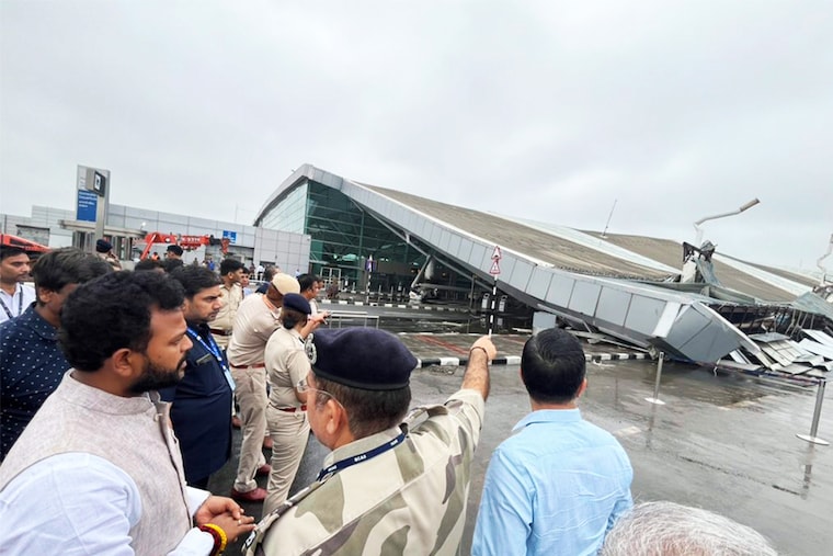 Civil Aviation Minister K Rammohan Naidu visited the Delhi airport after a portion of the roof of Terminal-1 collapsed amid heavy rain in New Delhi. The incident occurred in the early hours of Friday. Six people are injured, and at least one person has died, according to PTI.