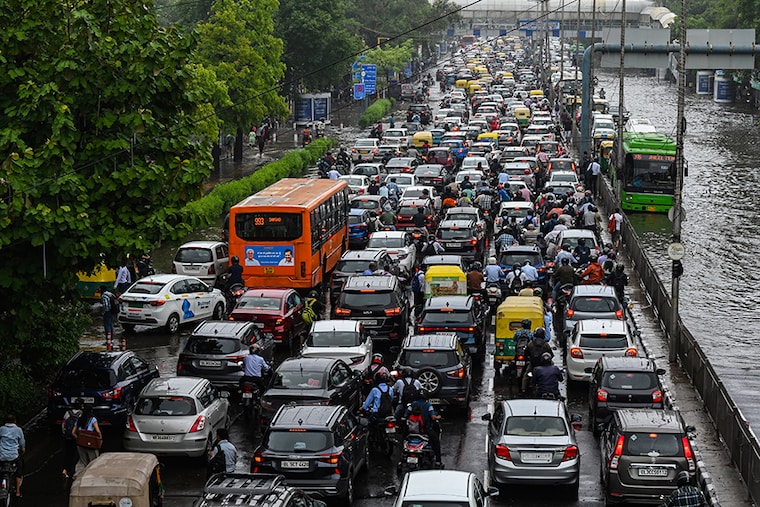 Massive traffic jam at ITO due to water-logging after heavy rains on June 28, 2024 in New Delhi. The city received its heaviest rain for the month of June in 88 years, with roads being flooded and traffic jams.