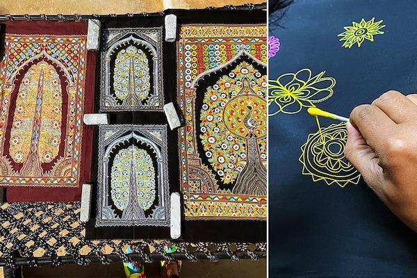 On the left - samples of Rogan art in Nirona Village. On the right - Artist Abdul Gafur shows us a variety of pre-painted Rogan designs.