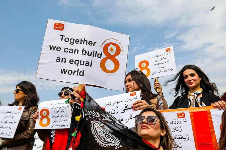 Iraqi Kurdish women rallied ahead of International Women"s Day in Arbil, the capital of Iraq"s northern autonomous Kurdish region, on March 7, 2024.